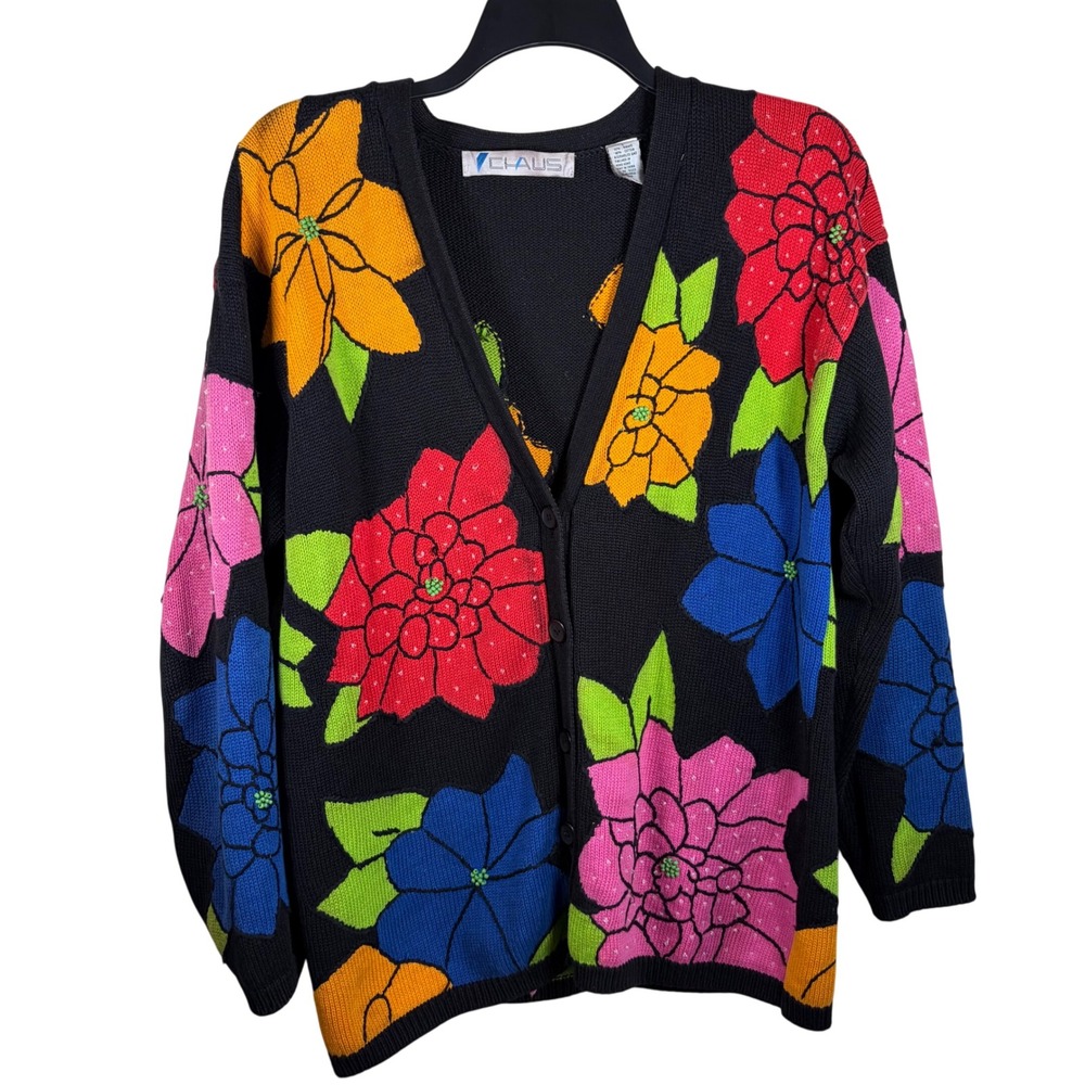 Vintage 90s Chaus Beaded Floral Cardigan Knit Sweater Oversized Grandmacore L
